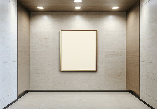 Empty gold frame on beige wall in small room