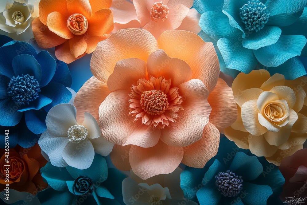 Poster colorful paper flowers in various shapes and sizes arranged in an artistic display