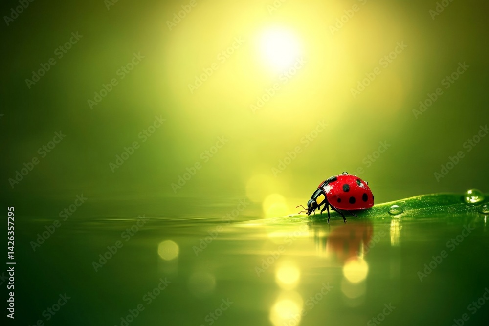 Poster bright ladybug exploring a leaf with shimmering droplets during a serene morning at a tranquil meado