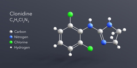 clonidine molecule 3d rendering, flat molecular structure with chemical formula and atoms color coding