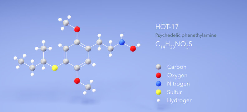 hot-17 molecule, molecular structure, psychedelic phenethylamine 3d model, Structural Chemical Formula and Atoms with Color Coding