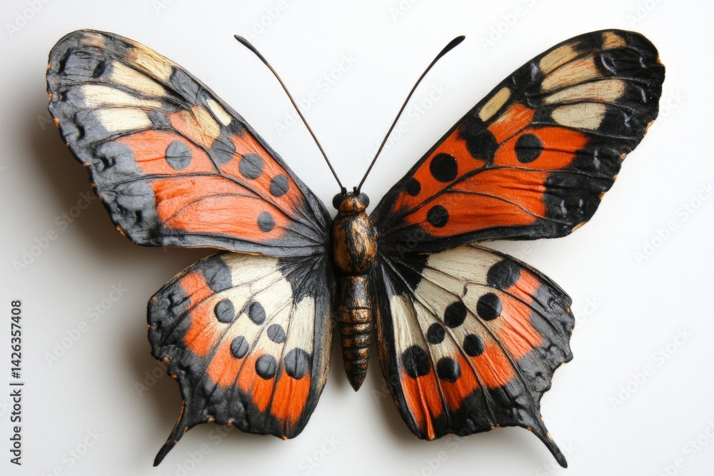 Poster Colorful butterfly resting with open wings on a neutral background showcasing intricate patterns and vibrant colors