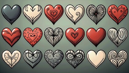 Charming HandDrawn Heart Icon Set in Vibrant Colors, Ideal for Digital Art, Graphic Design, and Home Decor, Showcasing a Symphony of Love and Emotion.