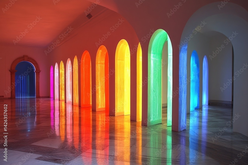 Poster colorful illuminated arches create a vibrant display in a modern indoor space