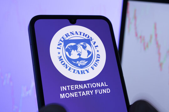 International Monetary Fund embleme on a screen. IFM logo, logo of FMI, Exchange charts in the background.