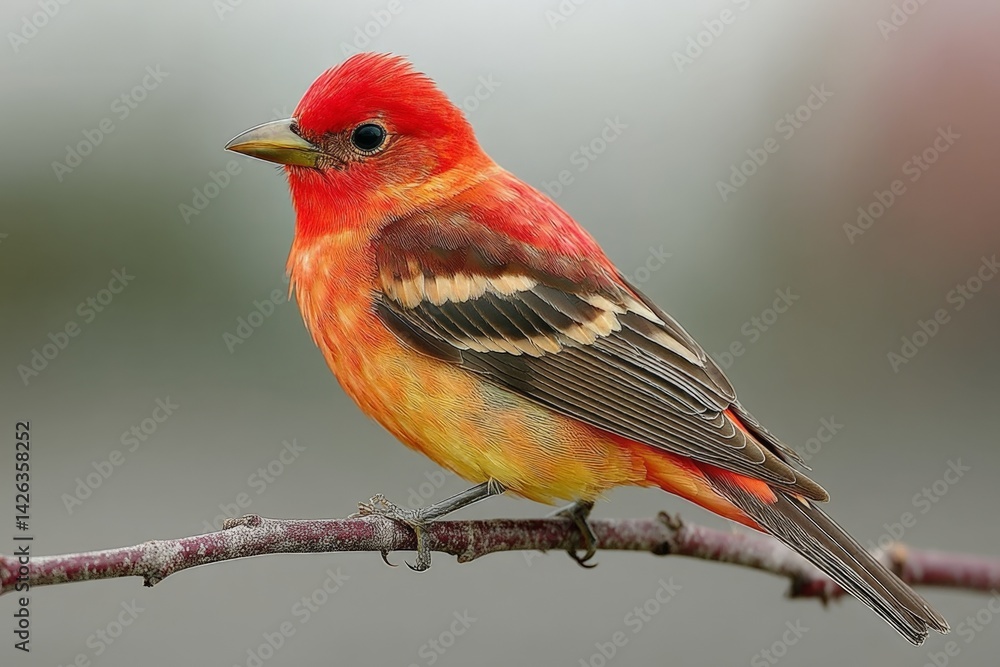 Poster vibrant songbird perched on a branch in a tranquil setting during the early morning light