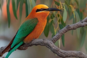 Obraz premium Vibrant bird perched on a branch with striking orange and green feathers in natural habitat during golden hour
