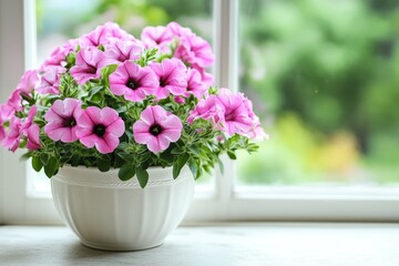 Fototapeta premium Colorful pink petunias in a white pot by the window showcasing nature's beauty during daytime