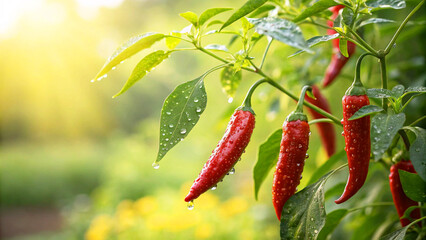 Red Chilies growing in field with water drop, Red Chilies in field