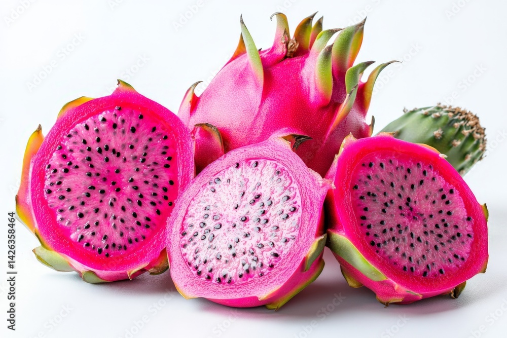 Poster fresh dragon fruit halves display vibrant colors and unique texture on a clean white background