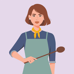 Vector Illustration of Woman in Apron Holding Wooden Spoon – Home Cooking and Culinary Concept