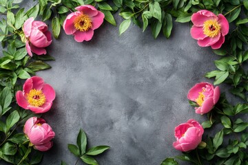Floral arrangement with pink peonies and green leaves on a textured gray background for seasonal decor