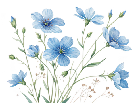 Wildflowers watercolor png blue floral artwork png garden illustration png white background image