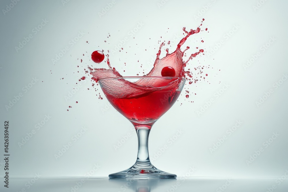 Poster refreshing cherry cocktail creates a vibrant splash in a glass at a modern bar setting during a live