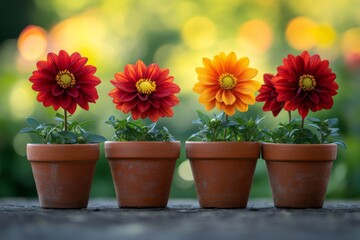 Fototapeta premium Brightly colored flowering pots arranged in a row during a sunny day in a garden setting