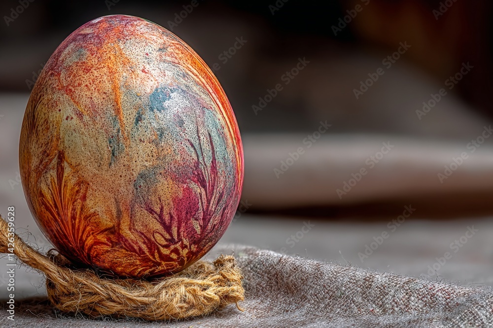 Poster Decorative egg resting on a rustic fabric surface showcasing intricate artistic patterns