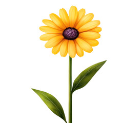 Fototapeta premium A bright yellow flower with green leaves in a detailed design. isolated against a transparent background.