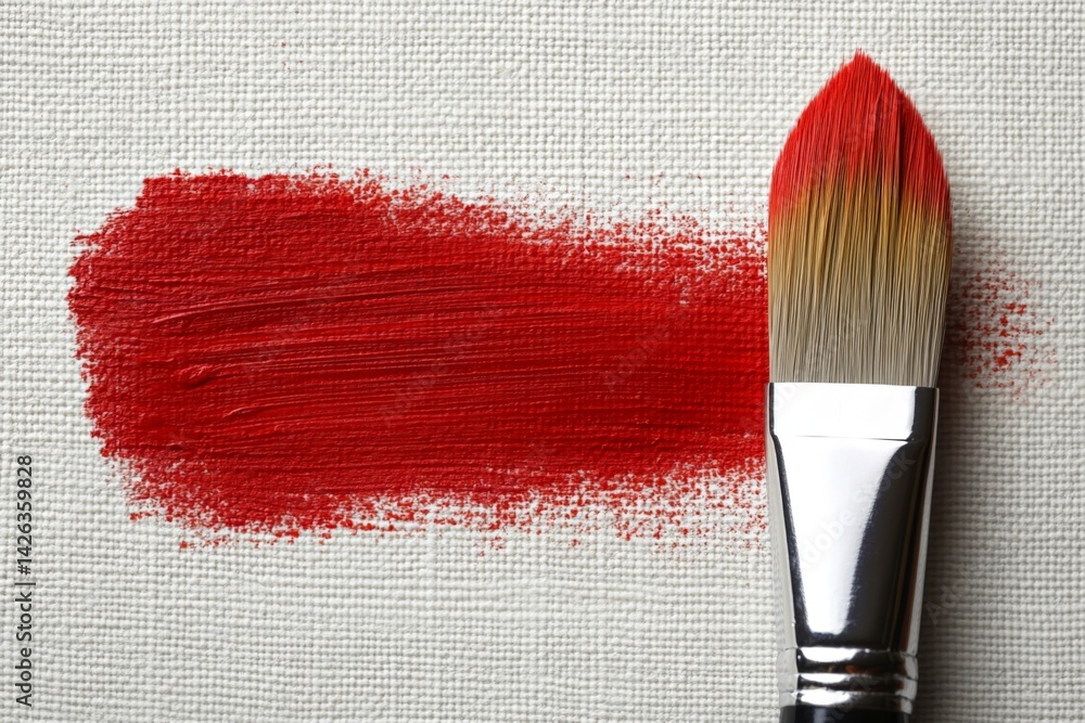 Aufkleber close-up of paintbrush applying vibrant red paint on textured canvas during an artistic process