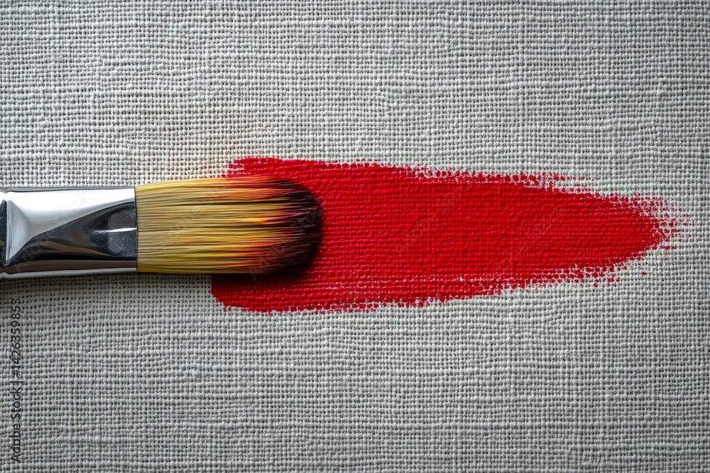 Poster bright red brushstroke on textured canvas during creative painting process in an artist's workspace