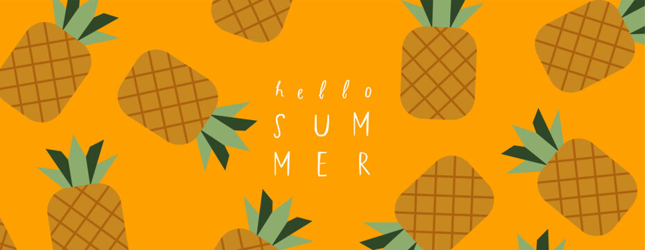 Hello summer. Vector geometric minimalistic abstract illustration of pineapple fruit for yellow background, pattern, poster, banner or design