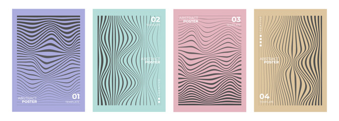 Set of line waves style abstract posters. Minimalist cover templates. Wavy line patterns. Futuristic backgrounds for creative graphic design. Vector illustration.