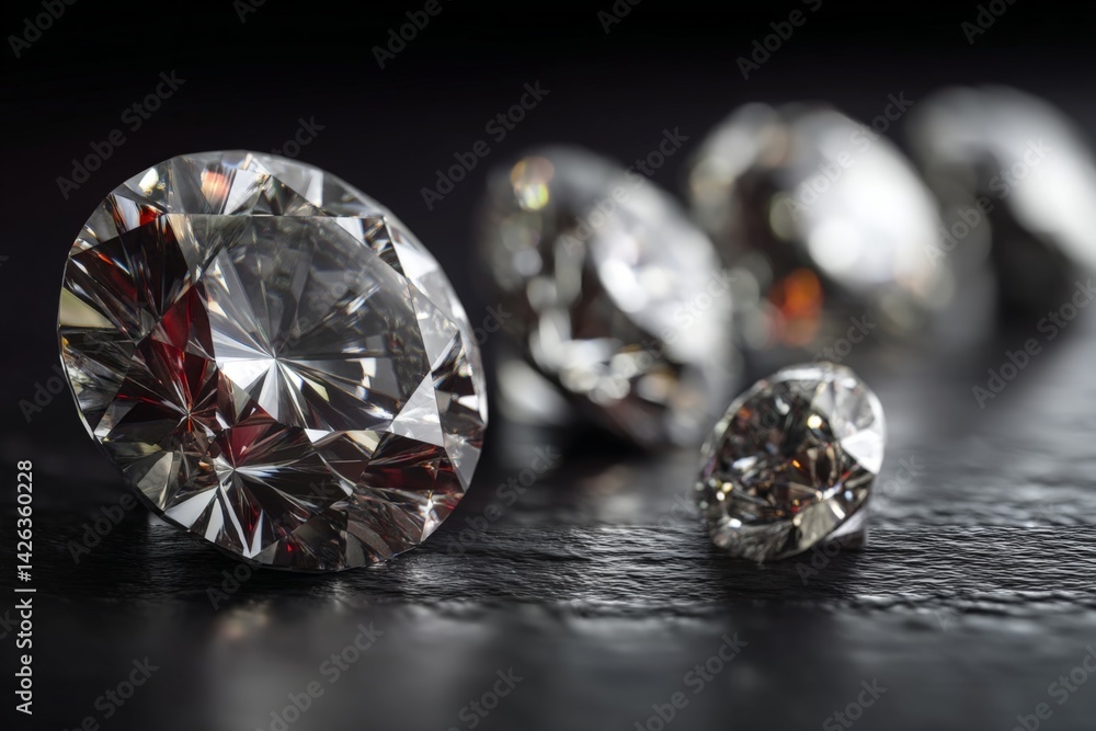 Poster shimmering diamonds arranged artfully on a dark surface showcasing their brilliance and unique shape