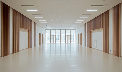 Obraz premium Bright, spacious hallway with large glass doors leading to outdoor area. Light wood paneling and clean, minimalist design