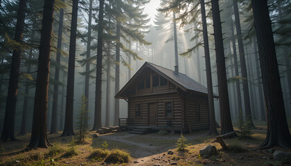 Hidden Haven: Cabin Among the Pines in Morning Fog