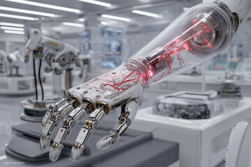 Obraz premium a robotic hand with a red light on it in a room with other machines and equipment in the background
