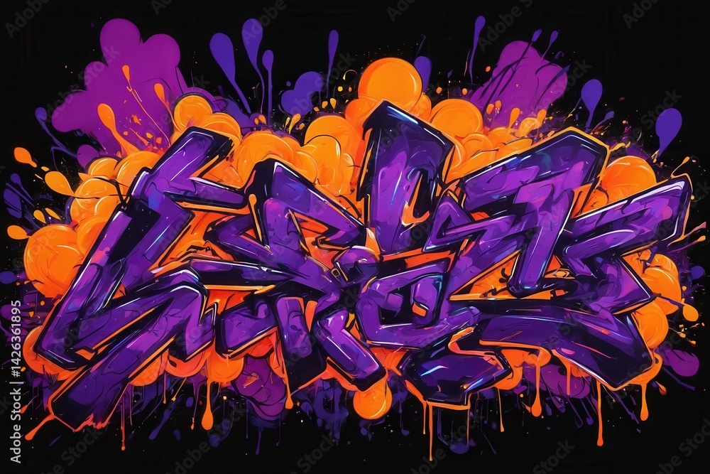 Poster vibrant graffiti exploding with purple and orange colors on a black background, creating a dynamic a