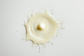 High-speed capture of milk droplet creating symmetrical patterns in water, white minimalist backdrop, crisp detail