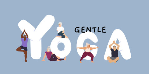 Physical exercises, sport and yoga of senior people set vector illustration. Cartoon isolated elder person doing active pilates poses and gymnastics, elderly happy man and woman stretching