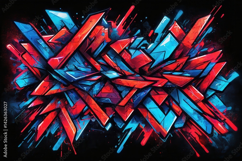 Aufkleber complex graffiti exploding with red and blue geometric shapes on a black background, creating a vibr
