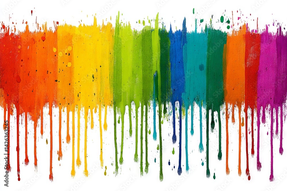 Poster vibrant drips of color create an artistic display on a white background forming a rainbow pattern