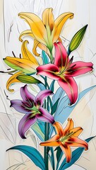 Vibrant, oversized lily flowers are set against a crisp white or soft cream background