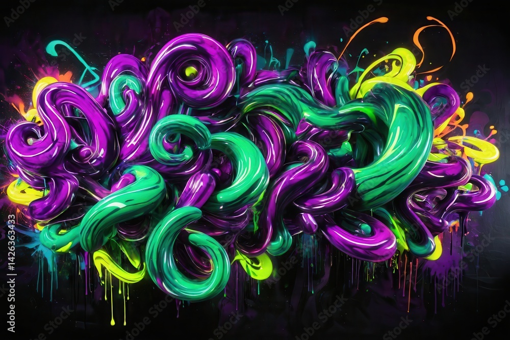 Poster swirling paint strokes creating a vibrant abstract composition with dripping effect, ideal for creat