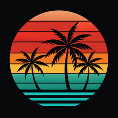 A tropical beach sunset silhouettes a lone figure near palm trees under a vibrant summer sky