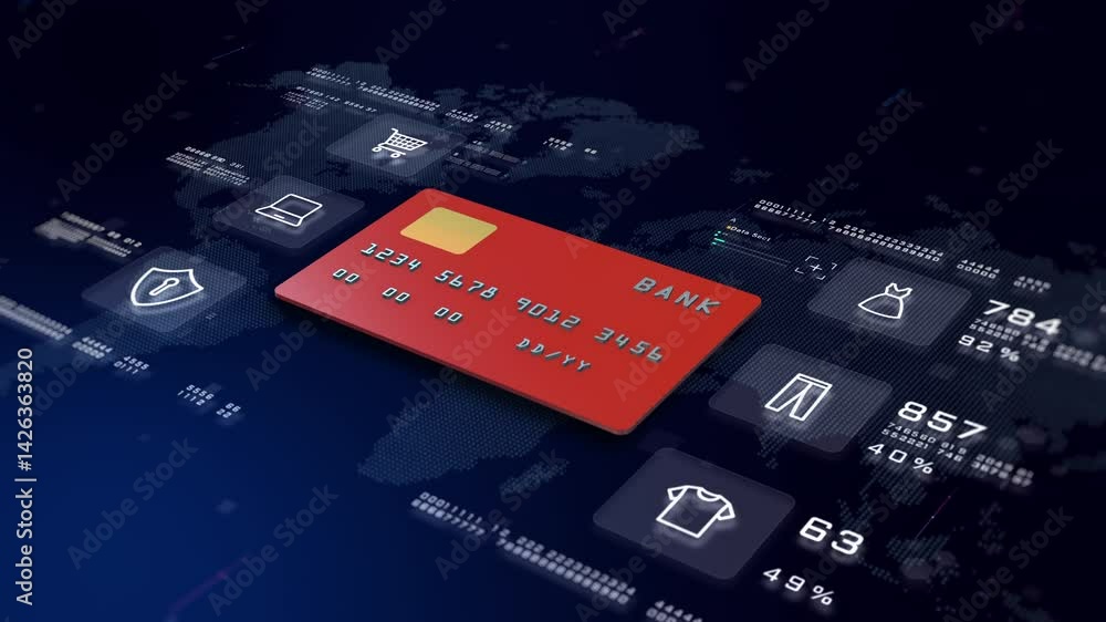 Poster futuristic credit card animation with online shopping icons and data analytics on digital world map 