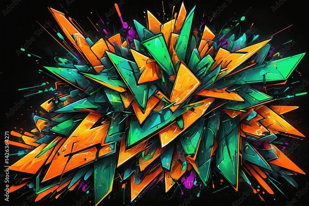 Poster orange and green abstract triangles exploding with colorful splashes on black background, creating a