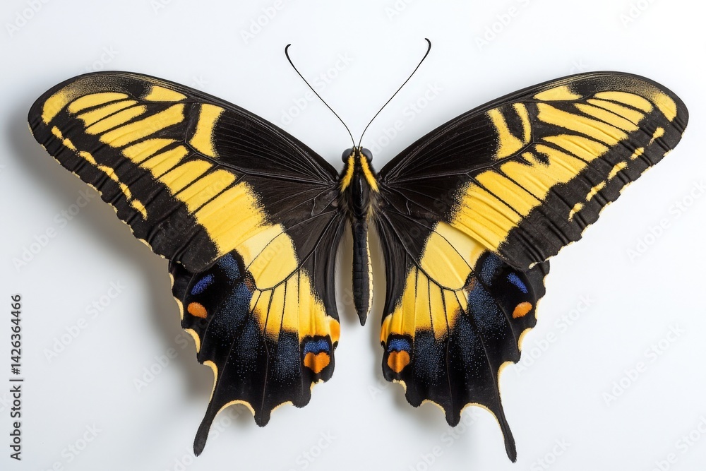 Poster Colorful butterfly displaying intricate patterns perched against a plain background in bright sunlight