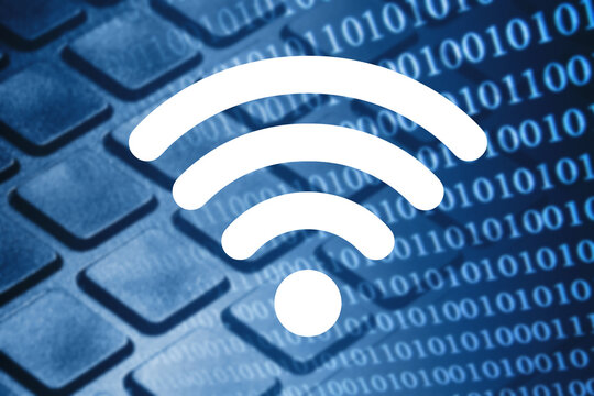 WiFi network digital concept. Wireless internet signal. Binary code background. Technology icon. Online connection. Data transfer. WiFi symbol. Global access. Digital tech theme. Wireless speed.