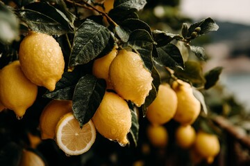 Abundant lemon tree in a lush garden with fresh fruit ready for harvest on a cloudy day