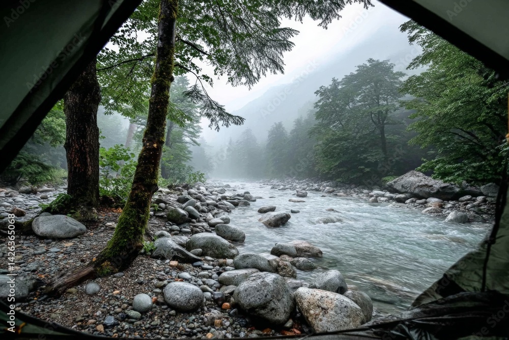 Poster camping by a misty river with a view of trees and boulders in the early morning