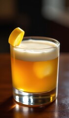Refreshing whiskey sour cocktail with ice and lemon twist, served in a clear glass on a wooden bar counter in warm ambient lighting.
