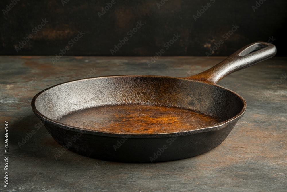 Poster rusty cast iron skillet on a rustic kitchen countertop with a textured background