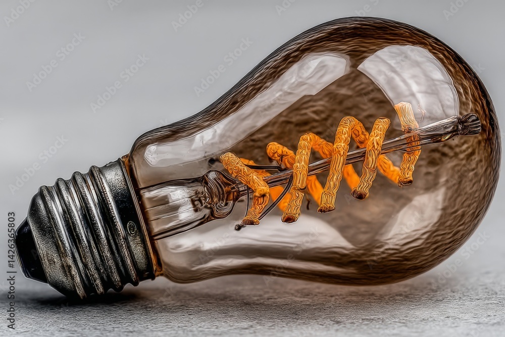 Poster unique vintage light bulb with intricate filament design lying on a gray surface