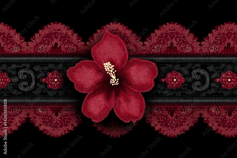 Poster beautiful red flower design with intricate lace pattern on a dark background