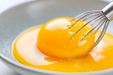 A vibrant egg yolk, intact, in a bowl with its white, being whisked