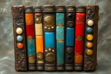 Naklejka premium Unique collection of decorative antique books displayed on textured background showcasing vibrant colors and intricate designs