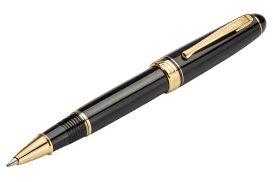 Luxurious black and gold rollerball pen isolated on a black background